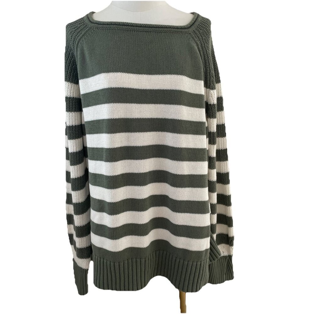 Aerie Bistro Roll Neck Relaxed Sweater Women's L Olive Green Striped Cotton NWOT - Picture 2 of 16